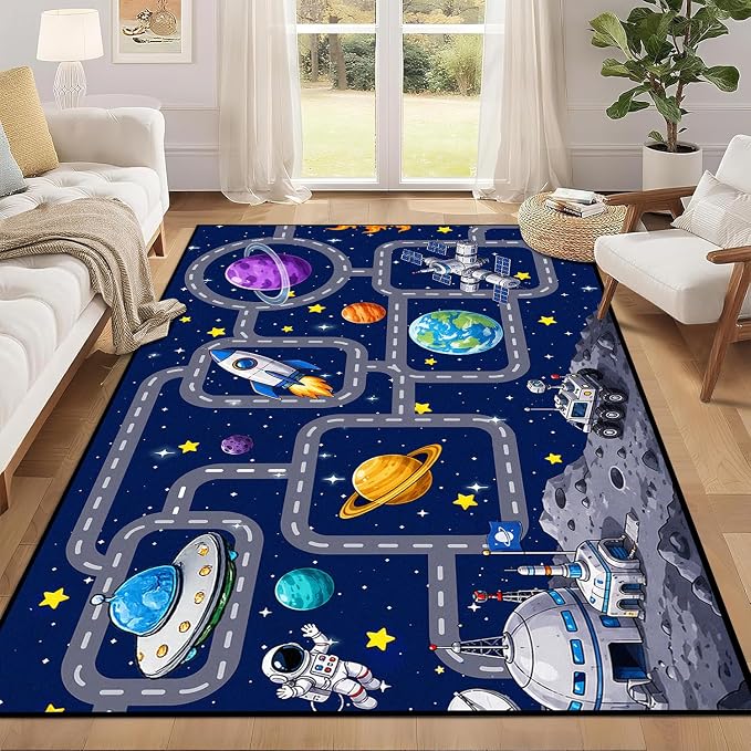 Outer Space Rug Astronaut Road Map Area Rug for Bedroom Living Room Nursery Kitchen Playroom Home Decor Washable Educational Floor Mat Galaxy Themed Carpet,4'x6'