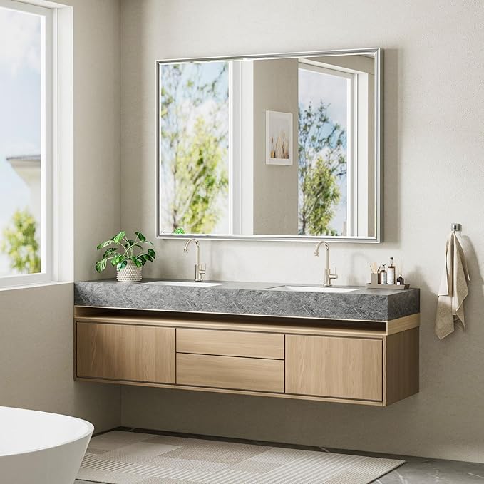 48 x 36 Silver Bathroom Mirror, Large Beveled Silver Bathroom Vanity Mirror, Shatterproof Silver Rectangle Mirror, Silver Metal Framed Mirror for Bathroom Wall, Anti-Rust(Vertical/Horizontal)