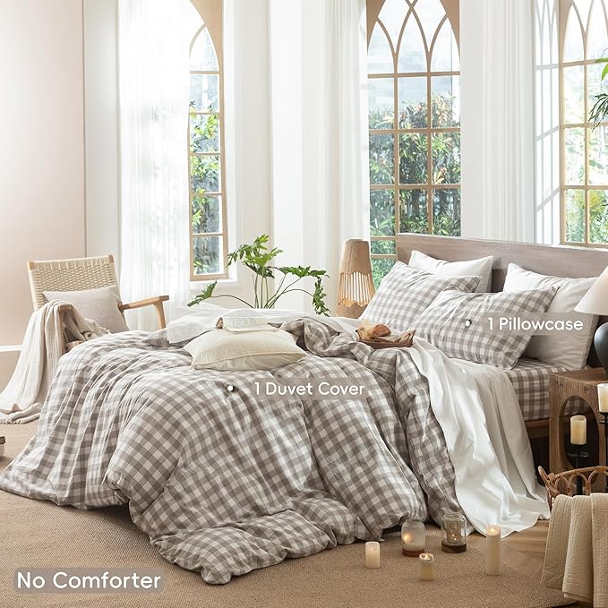 MooMee Gingham Duvet Cover Set 100% Washed Cotton Linen Like Textured Breathable Durable Soft Comfy Modern Checkered Design (Buffalo Plaid Tannish Linen Grey, Twin 68"x90")