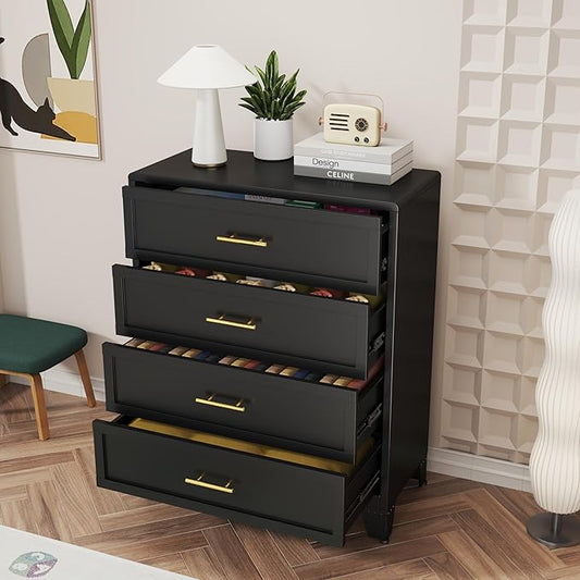 4 Drawers Tall Black Dresser for Bedroom, 44.45" Metal Dressers & Chests of Drawers Curved Corner Design, Storage Organizer Drawer Chest with Large Capacity for Living Room, Entryway, Hallway