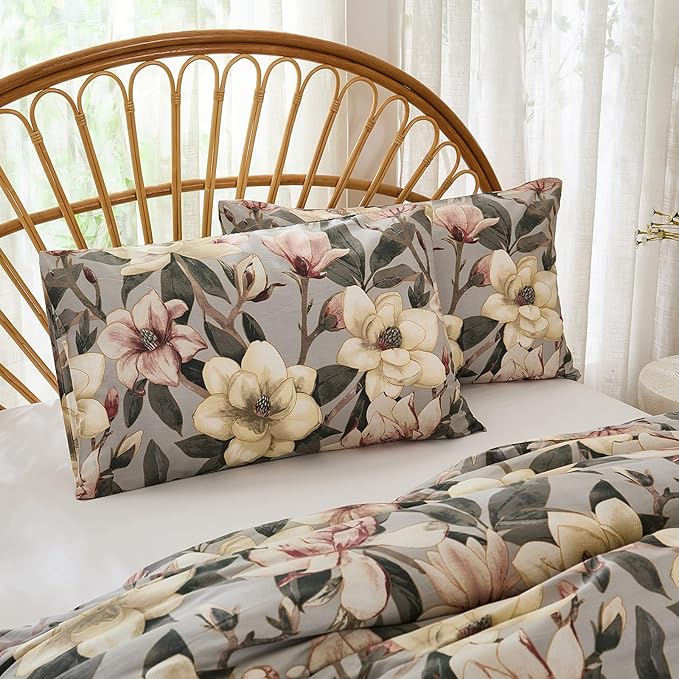 Bedding_Dreamer Floral Comforter Set Queen, 100% Cotton, Elegant Flowers Botanical Bedding Set Colorful Watercolor Cute Flower and Leaves Shabby Chic Cottage, 4 Pcs