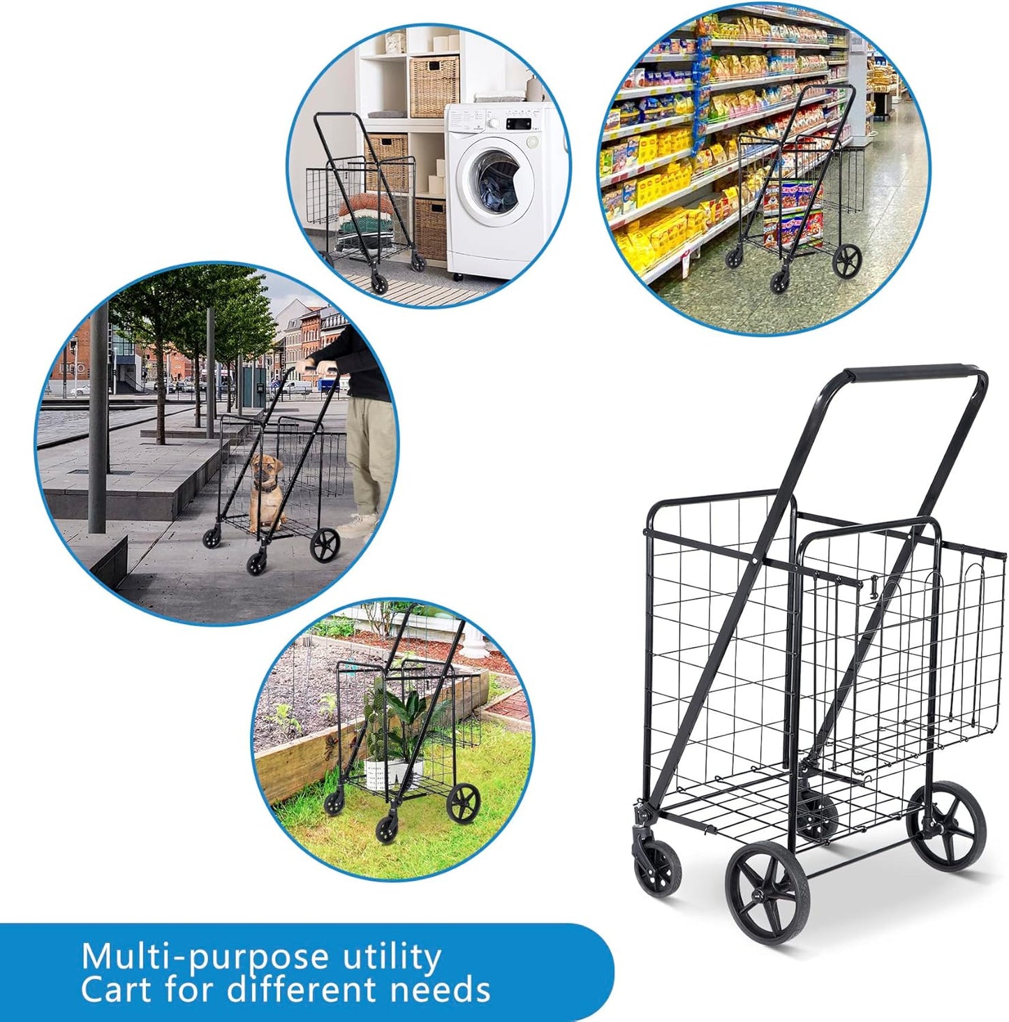 SUPER DEAL Folding Shopping Cart - Durable Wheels & Double Basket for Groceries, Black