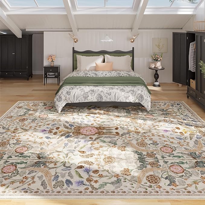 AMTOVO 9x12 Washable Area Rugs for Living Room, Non-Slip&Non-Shedding Floral Large Soft Boho Vintage Print Carpet for Bedroom Girls Room Dorm Dining Room Farmhouse Nursery Home Office, Beige