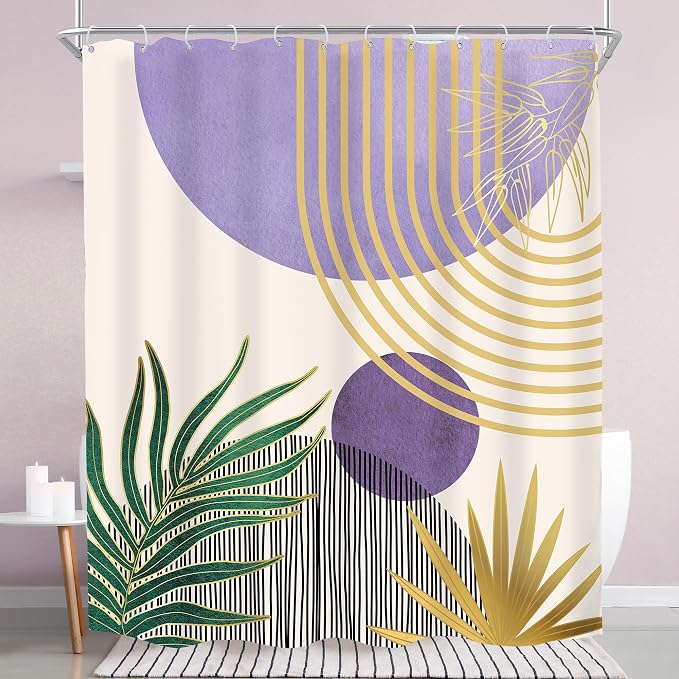 KOMLLEX Mid Century Purple Green Boho Shower Curtain 60Wx72L Inches Abstract Modern Shower Curtains for Bathroom Gold Botanical Minimalist Arch Sun Fabric Liner Waterproof Polyester 12 Pack Hooks
