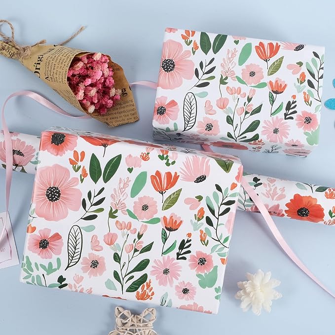RayofSun Pink Floral Wrapping Paper Roll 17 in x 32 ft Mini Roll All Occasion Wildflower Flower Green leaves Gift Wrap Paper for Wedding Birthday Bridal Shower Party Wrapping Supplies