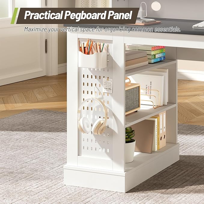 55-Inch Farmhouse Executive Desk with 2 Drawers and File Cabinet, Computer Desk with 3-Tier Storage Shelves, Home Office Desk with Charging Station, Pegboard and Monitor Shelf, White and Black