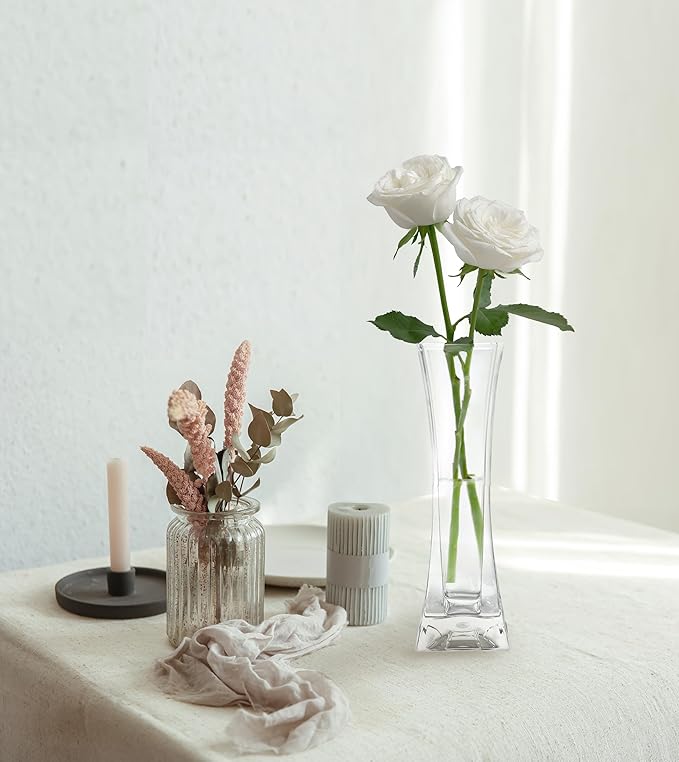 KLIFA- Small Acrylic Square Bud Vase, Shatterproof, High Transparency, Plastic Single Stem Vase, Clear, Hight 7.48 inch, 1 pc