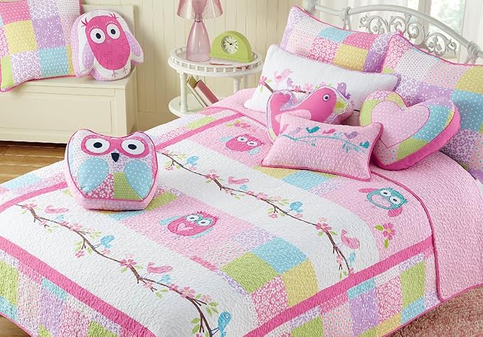 Cozy Line Home Fashions Pink Owl All Season Lightweight 100% Cotton Quilt Bedding Set, Coverlet Bedspread for Kids Toddler Girls (Queen - 3 Piece)