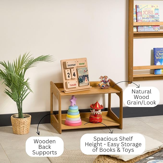 Montessori Bookshelf for Toddlers Solid Wood Toy Storage Shelf Organizer for Playroom and Classroom Floor Bookshelf for Kids Room (Oak, 2 Shelves)