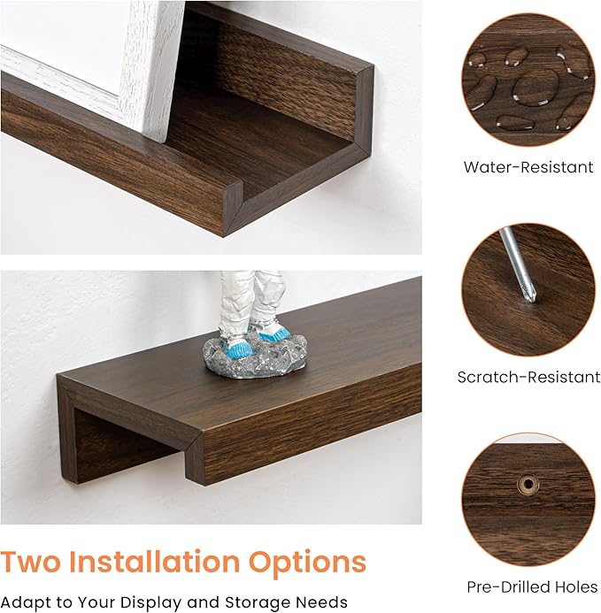 RICHFOCUS Picture Ledge Shelf, 24 inch Floating Shelves Set of 2, Wood Wall Shelves with Lip, Wall Decor Storage for Bedroom Living Room Bathroom Kitchen Nursery Photo Picture, Walnut