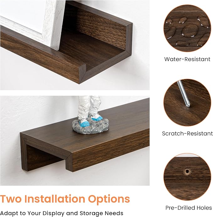 RICHFOCUS Picture Ledge Shelf, 40 inch Floating Shelves Set of 2, Wood Wall Shelves with Lip, Wall Decor Storage for Bedroom Living Room Bathroom Kitchen Nursery Photo Picture, Walnut