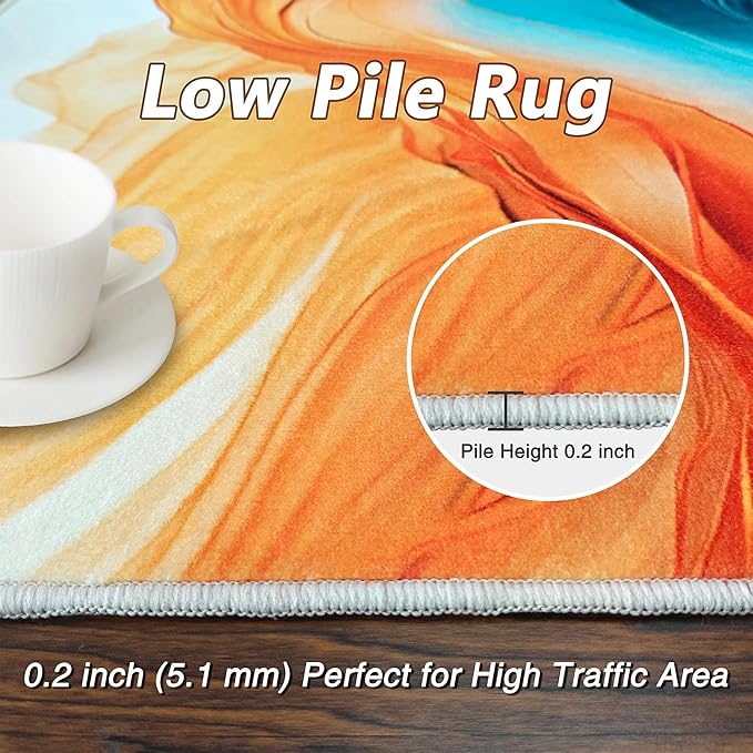 Teal Orange Living Room Rug Carpet 3x5, Turquoise Marble Decorative Area Rugs for Entryway Living Room Kitchen Bedroom, Orange Teal Gold Decor Carpet Non-Slip Machine Washable Indoor Entry Rug