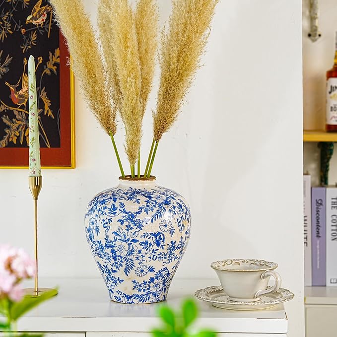 Sungmor Vintage Ceramic Flower Vase - 9.4 Inch Retro Ice Cracked Glaze Chinoiserie Vase, Rustic Farmhouse Home Décor Accent for Dried Flowers, Greenery - Table Centerpieces, Shelf, Mantel Decor