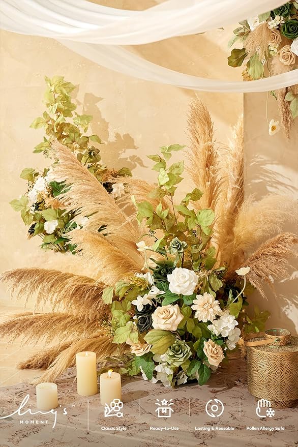 Ling's moment 41" Tall Free Standing Artificial Flowers Arrangements 2 pcs Wedding Arch Altar Stage Decorations Emerald & Tawny Beige Ceremony Reception Rose Fake Floral Party Centerpieces Decor