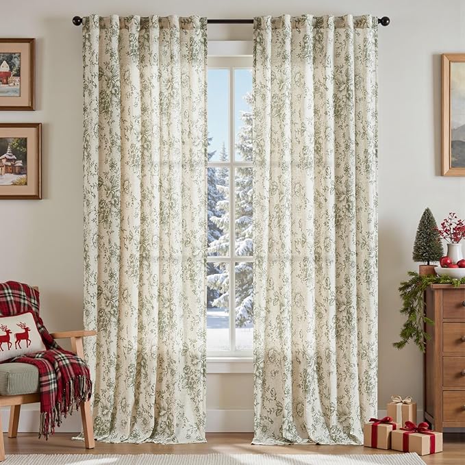 jinachan Linen Blend Floral Curtains for Living Room 96 Inch Length Christmas Sage Green Printed Curtain Rod Pocket Back Tab Farmhouse Peony Flower Patterned Drapes Bedroom Curtains Set 2 Panels