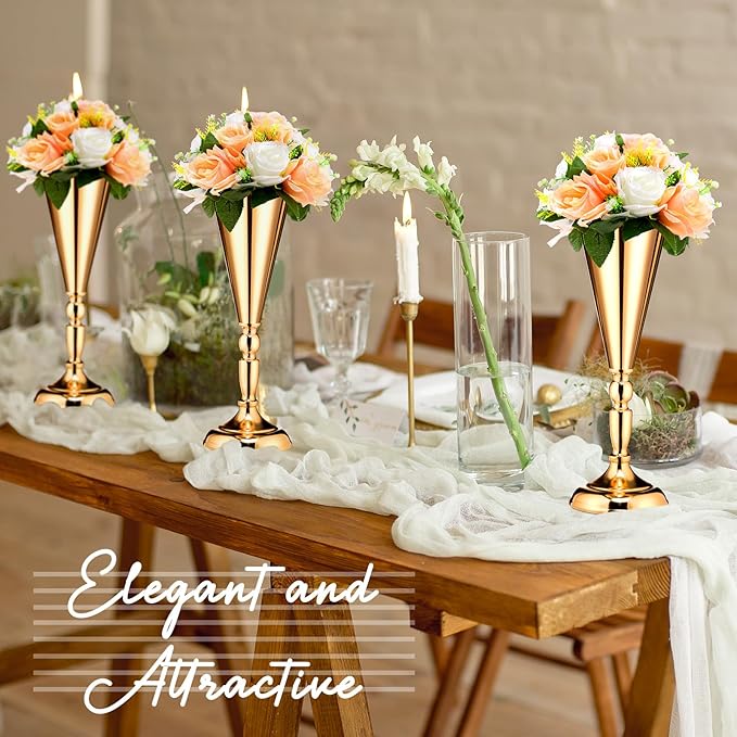 6 Pcs Flower Trumpet Gold Vase Tabletop Centerpiece Gold Tall Flower Vases Bulk Wedding Table Decorative Centerpiece Table Decorations Arrangements for Floral Party Anniversary Birthday(M)