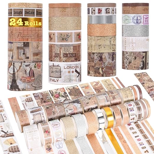 FTTELK 24 Rolls Vintage Washi Tape Set,Glitter Floral Decorative Adhesive Tape for Scrapbooking Supplies,Junk Journal,DIY Crafts,Planners and Gift Wrapping(Retro Medieval Series)