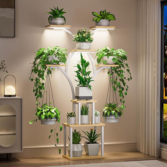 Elbourn 8 Tiered 60" Plant Stand Indoor Shelf with 3 Grow Lights (White) | Corner Shelf Decor
