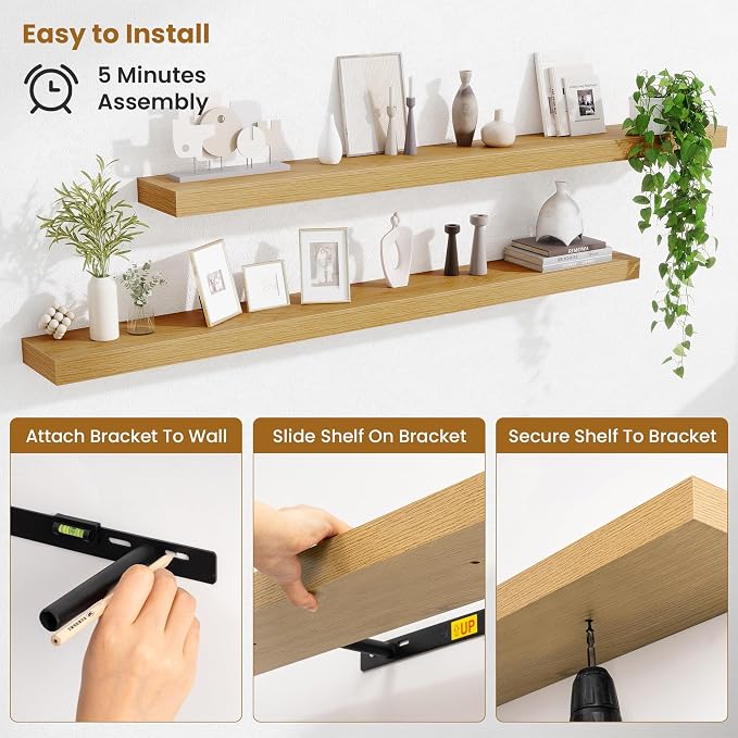 Fun Memories 55 Inch Floating Shelves Bedroom, Large Extra Floating Shelf Set of 2 with Invisible Brackets, Oak