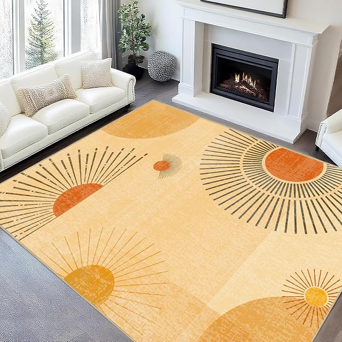 8x10 Large Area Rug for Living Room Sun Rug Mid Century Modern Rugs Machine Washable Boho Geometric Rug Non Slip Printed Low Pile Indoor Floor Carpet for Dining Room Bedroom Office,Yellow