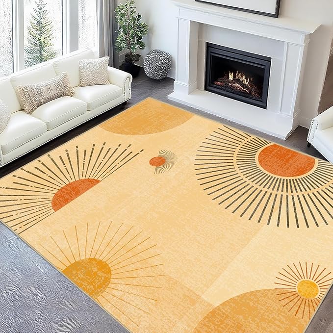 Large Area Rug 6x9 Sun Rug Living Room Mid Century Modern Rugs Machine Washable Boho Geometric Rug Non Slip Printed Low Pile Indoor Floor Carpet for Dining Room Bedroom Office,Yellow