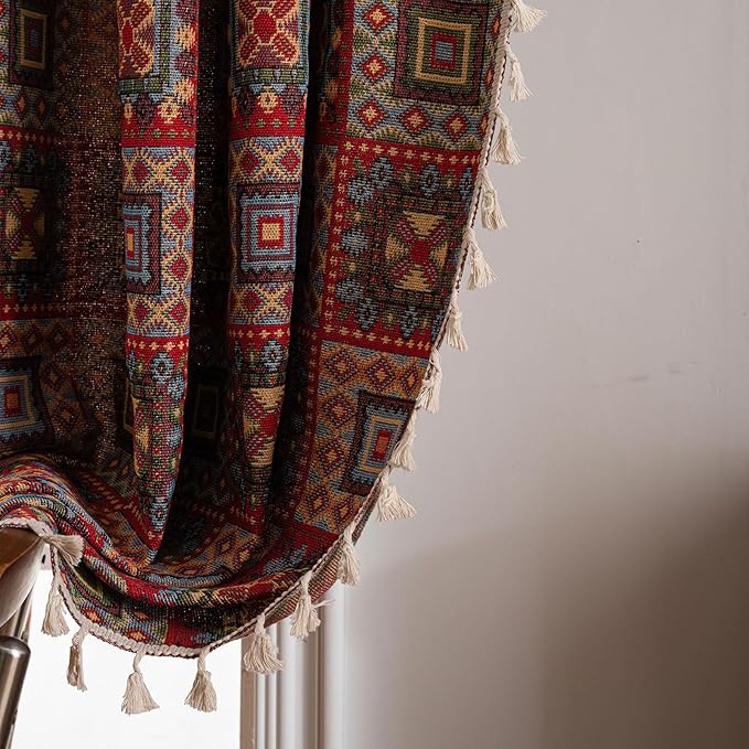 ENJOYBRIDAL Patchwork 96 Inch Curtains for Living Room Boho Drapes Bedroom Jacquard Bohemian Long Window Curtains 2 Panel Sets Semi Sheer Rod Pocket Red Cute Geometric Patterned Window Treatments
