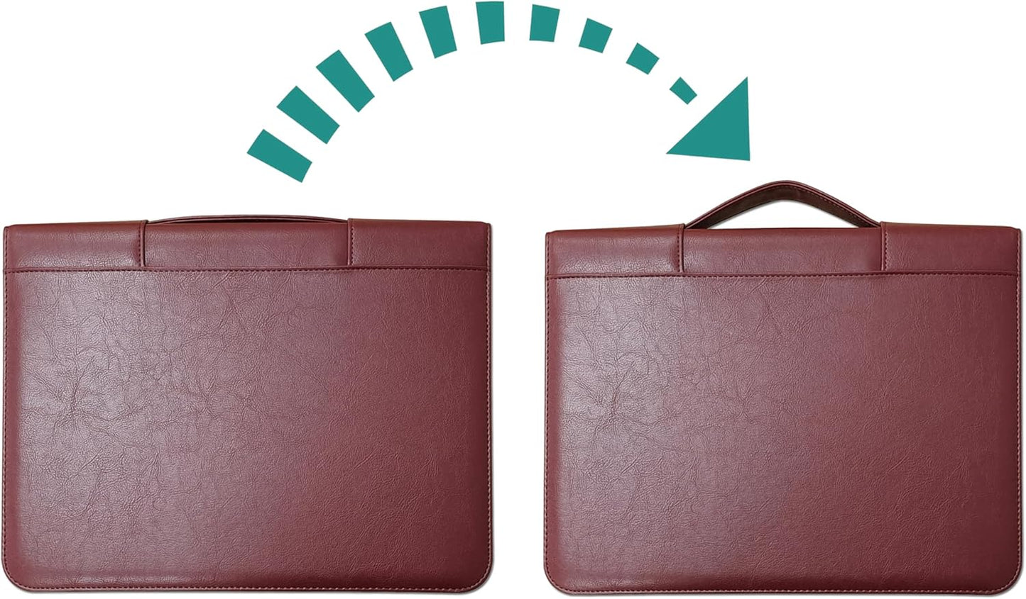 Skiennix Faux Leather Portfolio Binder - Stylish Business Padfolio with Handle & Zippered Organizer (Brown)