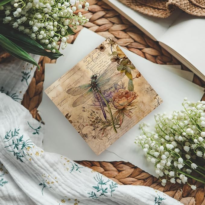 Vintage Dragonfly Flower Wooden Box Sign Desk Decor, Dragonfly Decor, Dragonfly Gifts for Women, Dragonfly Decorative Box Signs Decor for Bathroom Home Office,Retro Floral Desk Decor 5x5Inch