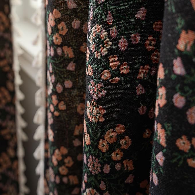 ENJOYBRIDAL Floral 63 Inch Curtains 2 Panel Set Boho Jacquard Drapes Short Black Living Room Semi Sheer Window Curtains Cottagecore Farmhouse Bedroom Chic Decor Rod Pocket Tassel Window Treatments