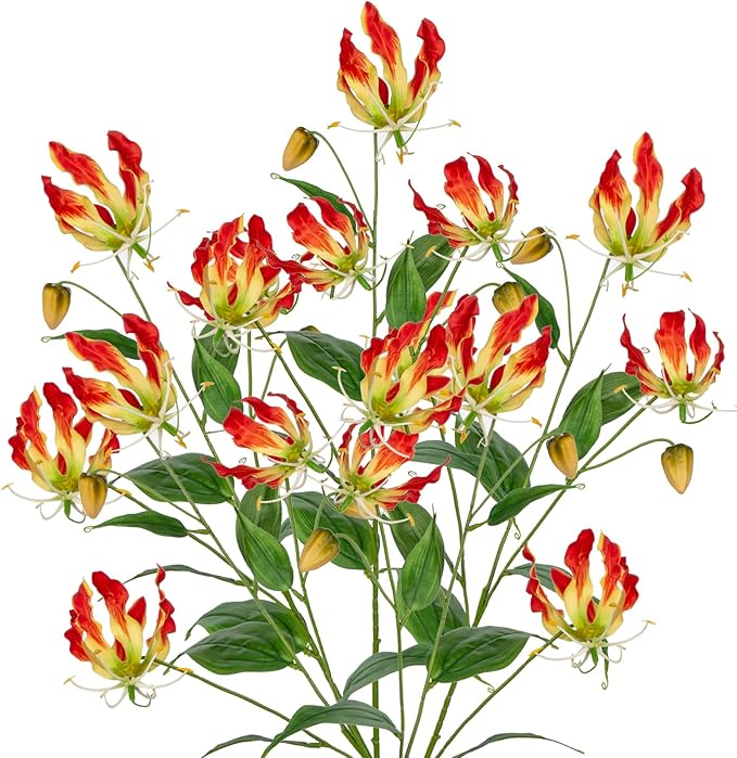 Briful Set of 5 Artificial Flowers Sprays Fake Gloriosa Superba Flowers, Red Orange Faux Flame Lily Flowers Bouquet Floral Arrangement for Vase Wedding Home Farmhouse Centerpieces Decor