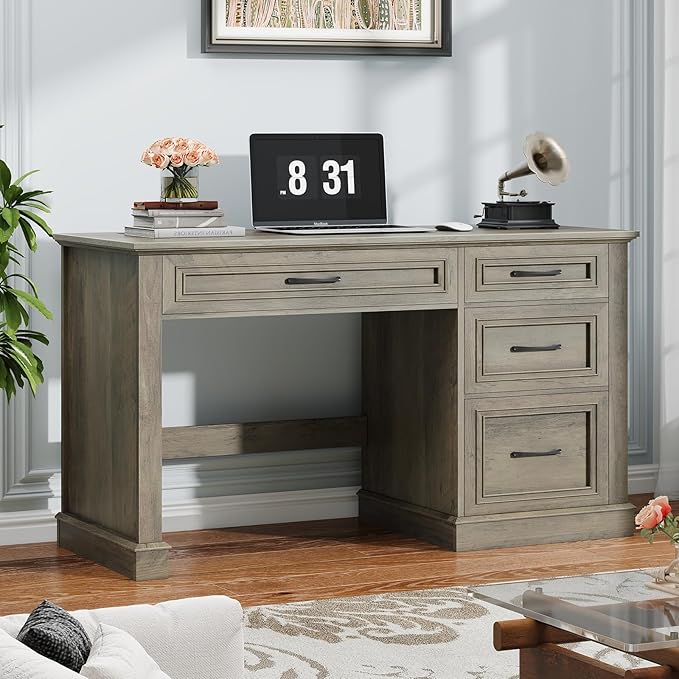 Farmhouse 47" Executive Desk, Computer Desk with Drawers and File Drawer, Workstation Computer Desk with Charging Station for Home Office,Study（Wash Grey）