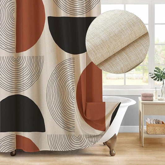Boho Minimalistic Linen Shower Curtain Abstract Geometric Shapes Lines Fabric Shower Curtain Set with Hooks, Mid Century Modern Shower Curtains for Bathroom, 71x71 Bath Curtain