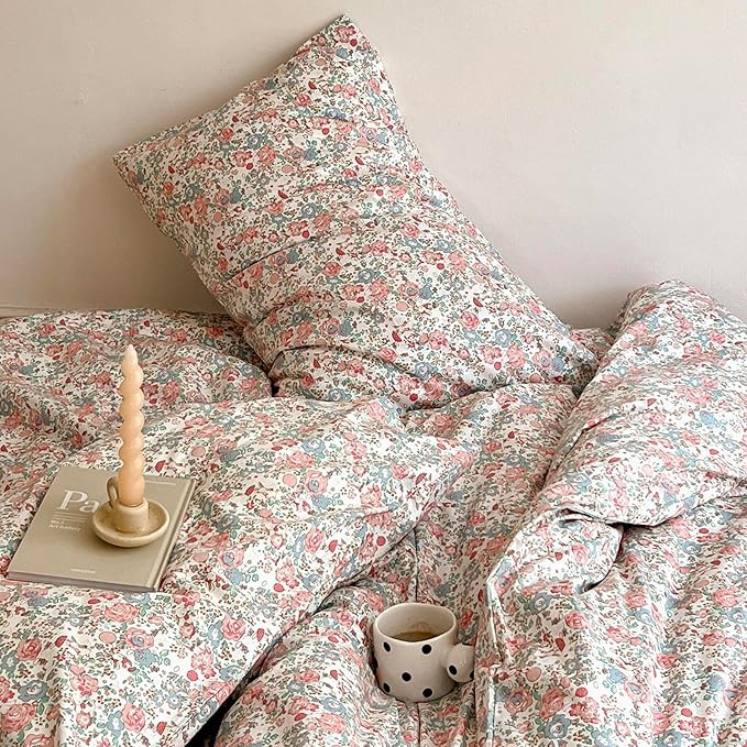 Boho Floral Duvet Cover Queen Soft Cotton Aesthetic Floral Bedding Sets French Style Pink Blue Flower Branches Duvet Cover Chic Shabby Garden Floral Comforter Cover Botanical Queen Size Bedding Sets