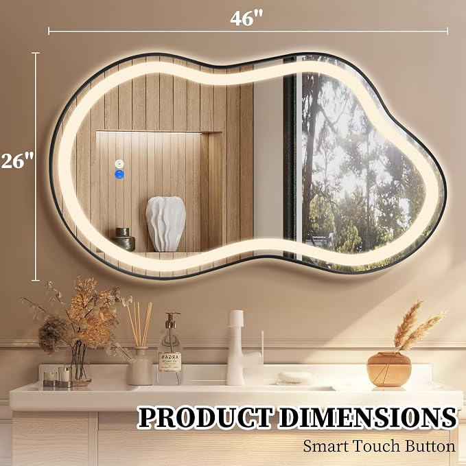 Irregular LED Bathroom Mirror with Lights, Cloud Smart Backlit Mirror, Dimmable Lighted Bathroom Mirror with Anti-Fog, Asymmetrical Vanity Mirror Hangable 2 Ways (Black, 26" x 46", 1 Pack)
