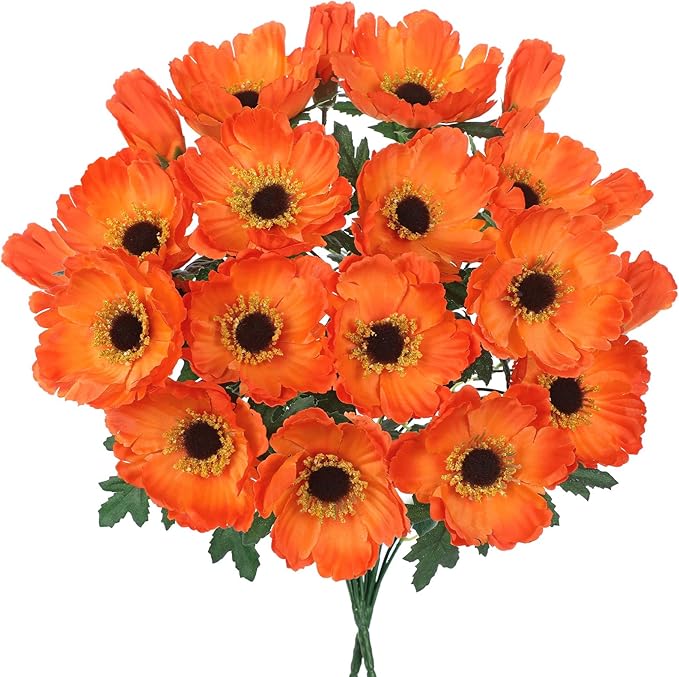 Hollyone 10 Heads Orange Poppy Flowers Artificial 2Pcs Fake Poppies Flowers Bouquets with 7 Heads Full Bloom Poppy & 3 Buds Bouquet Stems Spring Sumer Faux Floral Flower Arrangement for DIY Home Decor