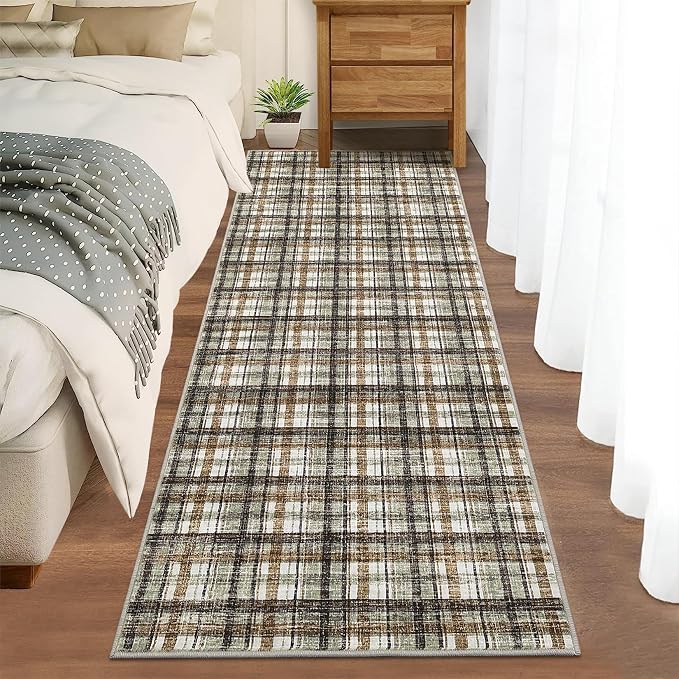 Washable Runners for Hallways 2x6 Rug Modern Bathroom Rugs Non Slip Kitchen Rugs Farmhouse Low Pile Entryway Rug Soft Stain Resistant Carpet for Laundry Hallway Bedside, 2'x6' Celadon&Coffee