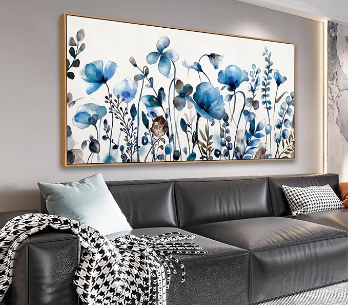VEAEE Floral Wall Art, Abstract Indigo Flowers Canvas Pictures, Living Room Wall Decor, Modern Landscape Painting, Botanical Grass Artwork for Bedroom Bathroom Kitchen Office Wall Decor 29"x 58"