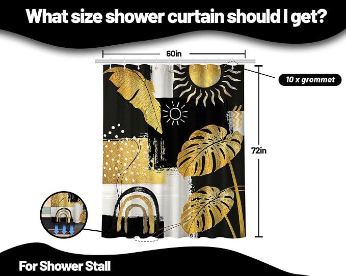 Black and Gold Mid Century Modern Shower Curtain Bohemian Abstract Dark Mens Shower Curtains for Bathroom Decor Sets, Waterproof Cloth Fabric with Hooks, 60x72 Inch