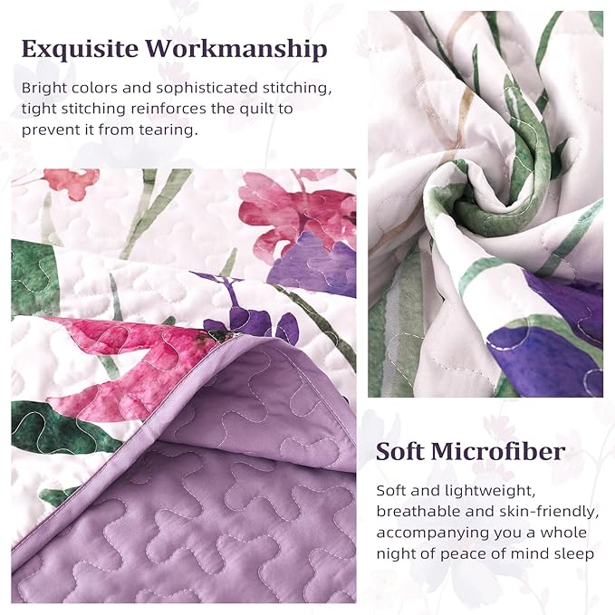 Anibedding Purple Quilt Set Full, Floral Pattern Microfiber Bedspreads Full Size 3 Pieces Lightweight Reversible Bedding Set with 2 Pillowcases(78"x90")