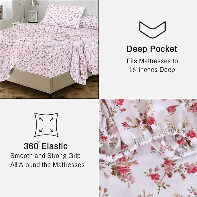 RUVANTI 100% Cotton Full Size Bed Sheets, 4 Pieces, Soft & Breathable Percale Weave Bedding, Deep Pocket 16", Hotel Standard, Crisp Cool Feel, Durable, Perfect Sheet Set Floral, Bouquet