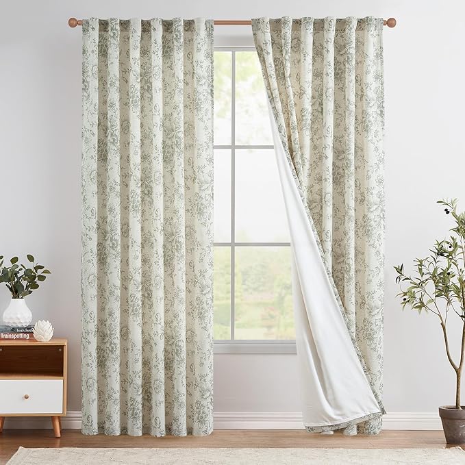 jinchan Lined Linen Blend Curtain Floral Curtains for Living Room 90 Inches Long Christmas Green Peony Flower Printed Curtain Back Tab Farmhouse Patterned Drapes Bedroom Curtains Set 2 Panels