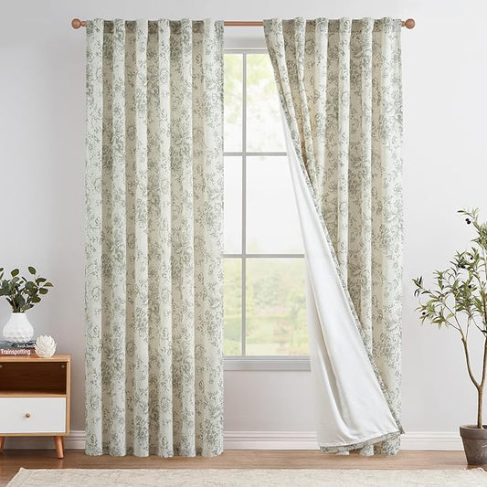 jinchan Lined Linen Blend Curtain Floral Curtains for Living Room 84 Inches Long Christmas Green Peony Flower Printed Curtain Back Tab Farmhouse Patterned Drapes Bedroom Curtains Set 2 Panels