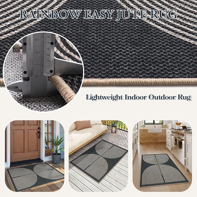 Lahome Enfys Rainbow Easy Jute Rug, 32"x48" Door Mat Black Indoor Outdoor Neutral Entryway Rug, Farmhouse Non Slip Non Shedding Lightweight Kitchen Mats for Floor Entrance