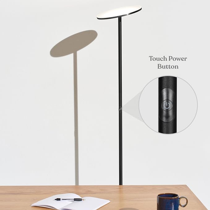 Brightech Sky LED Floor lamp, Torchiere Super Bright Floor Lamp for Living Room Decor & Office - Dimmable, Tall Standing Torch Lamp with Warm Light for Bedroom & Reading - Black
