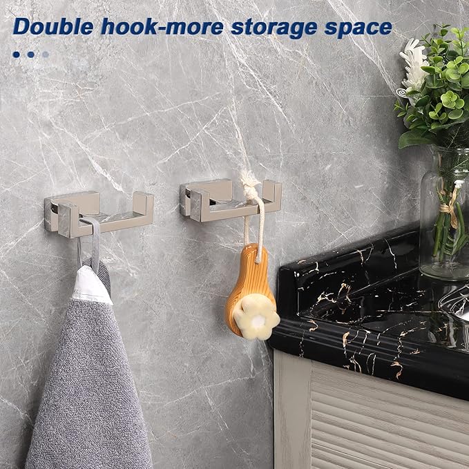 NearMoon Bath Double Towel Hook- SUS304 Stainless Steel Square Robe Towel Holder, Heavy Duty Rustproof Double Coat Hook for Bathroom Livingroom Kitchen Wall Mounted, 2 Pack (Chrome Finish)