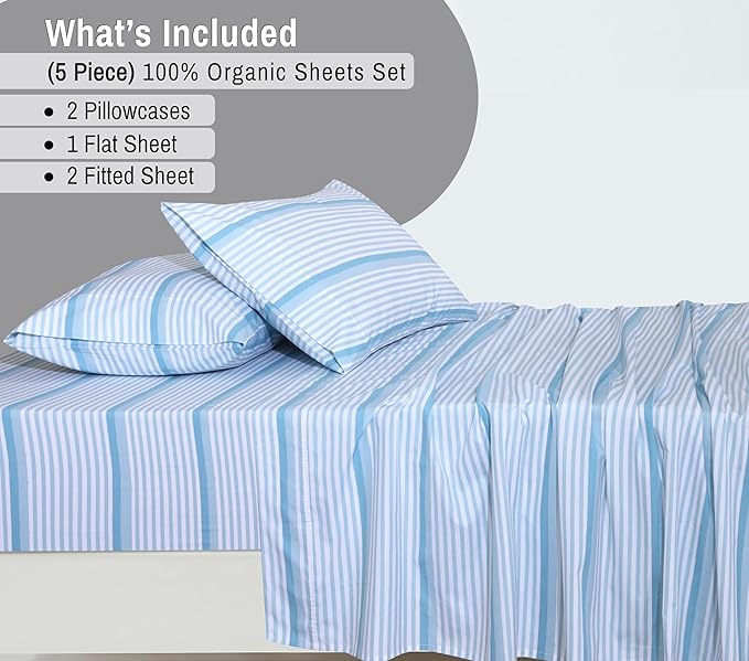 RUVANTI 100% Organic Cotton Sheets Split King, Percale Weave, GOTS Certified, 5-Piece Set, Deep Pocket 15", Crisp & Breathable, Soft Durable Bedding, Sábanas Algodón Orgánico – Nautical Stripes