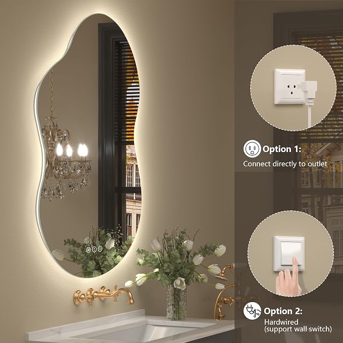 60x32 Inch Irregular Cloud LED Bathroom Mirror with Lights, Asymmetrical Backlit Vanity Mirror for Wall, Anti-Fog, Dimmable, Memory, 3 Colors, Shatterproof (Horizontal/Vertical)