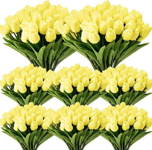 Janinka 100pcs Artificial Tulip Flowers Fake PU Tulips Faux Latex Bouquet Flower Centerpieces Arrangement Floral for Mother Day Wedding Spring Decorations (Light Yellow)