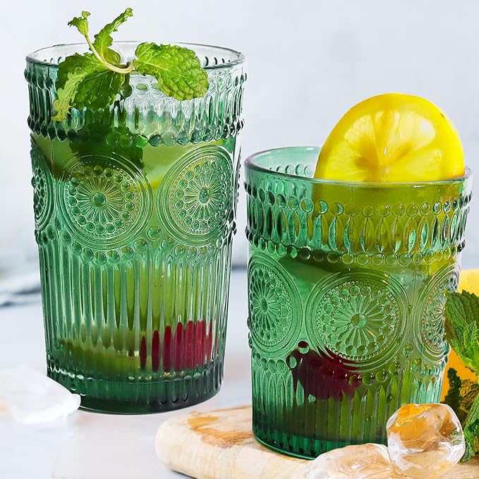 Loivttvv 12pcs Vintage Drinking Glasses Set, 12 oz Highball Glasses & 9 oz Embossed Ribbed Glassware Cups for Cocktail, Water, Juice, Coffee, Whiskey (Dark Green)
