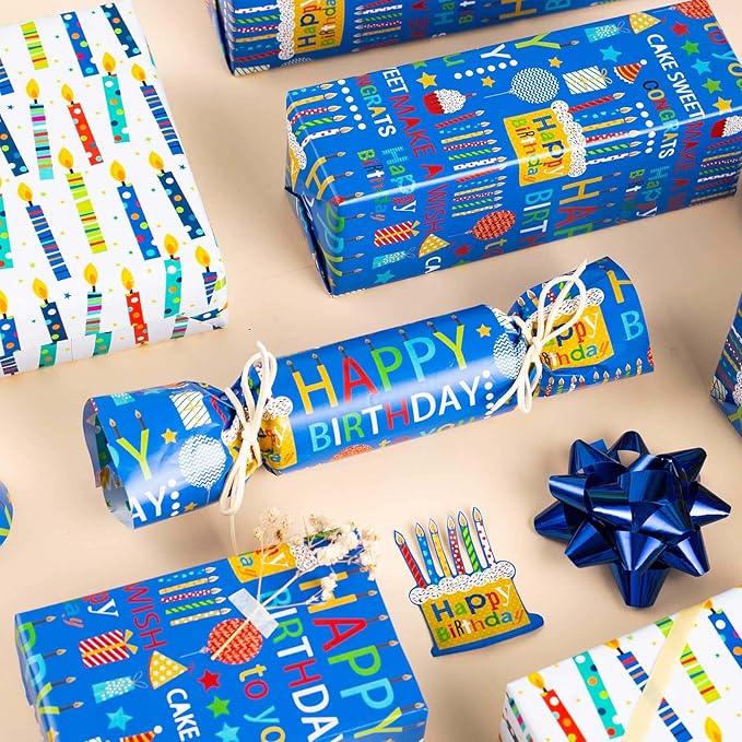 Homeral Blue Birthday Wrapping Paper Roll - Happy Birthday Lettering & Colorful Candles, Reversible Design for Boy Baby Shower, Party - Mini Roll - 17 Inch x 33 Feet